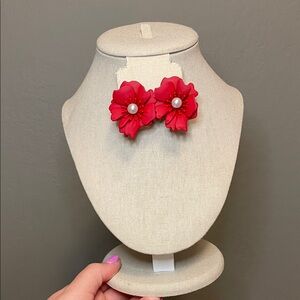 Red Floral Pearl Center Statement Earrings